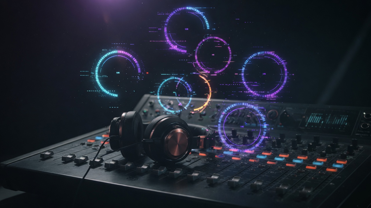Headphones on a console with holographic pulse rings