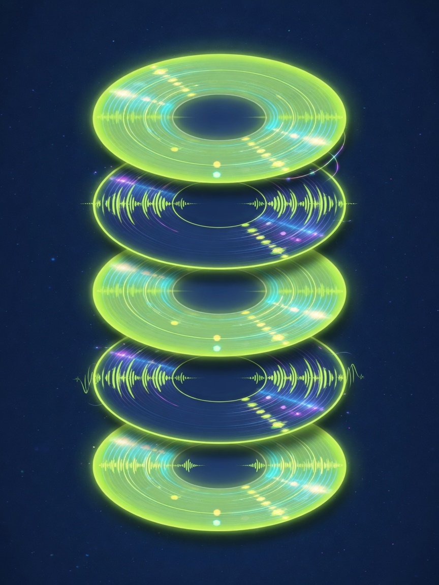 Vertical stack of luminous pulse discs like light vinyl