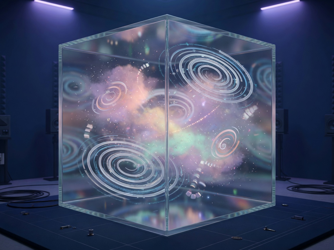 Isometric glass cube of tempo spirals and harmonic nebula