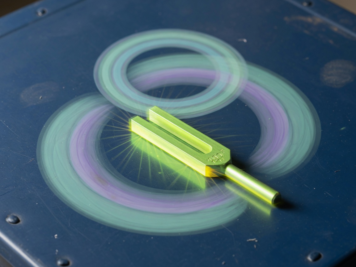 Glowing tuning fork with soft harmonic rings still life