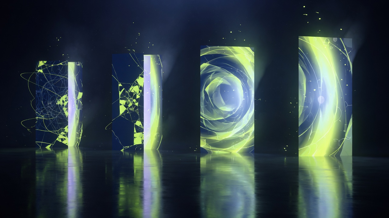 Four abstract light gateways on a reflective dark floor