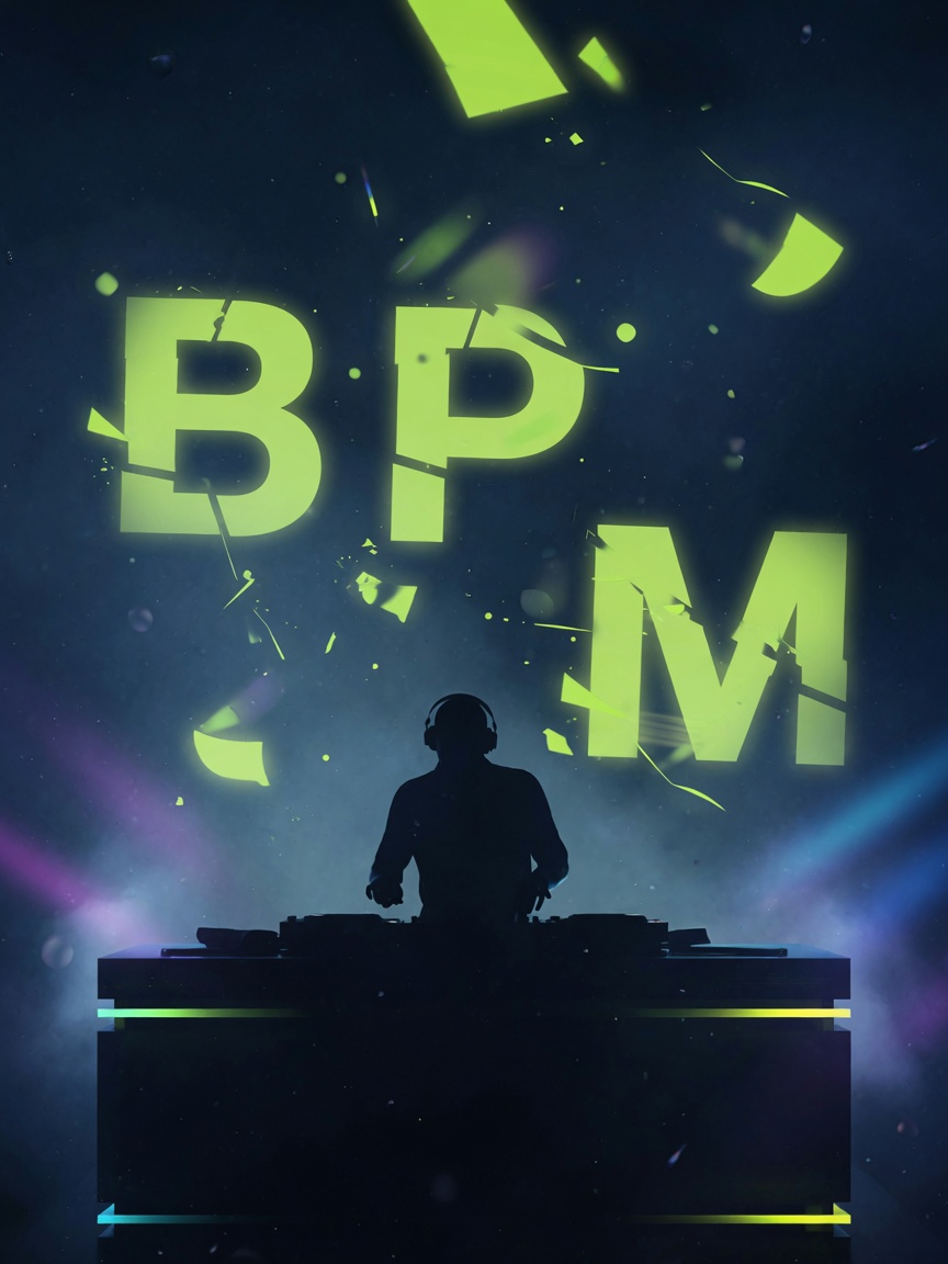 DJ booth silhouette with floating tempo light rings