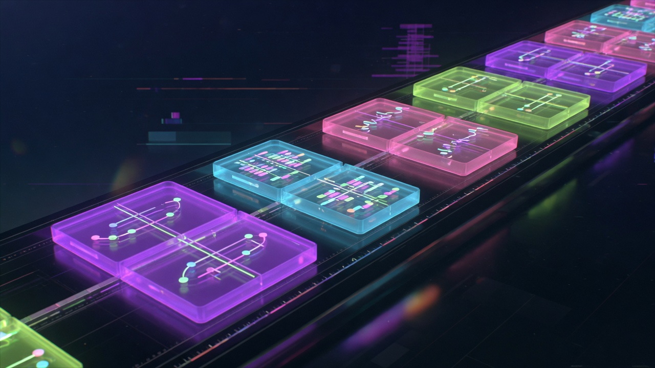 Neon chord tiles sliding on a dark glass timeline