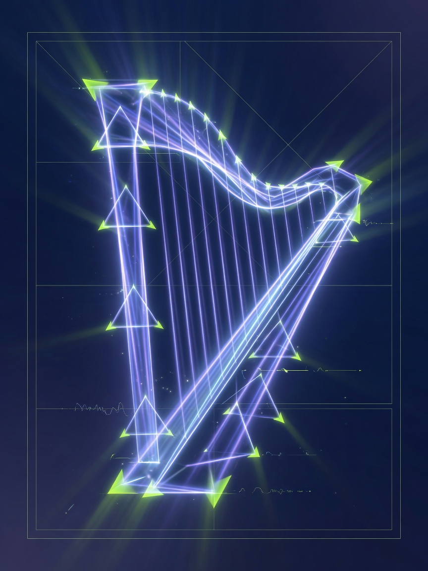 Upright abstract harp of light beams forming triads