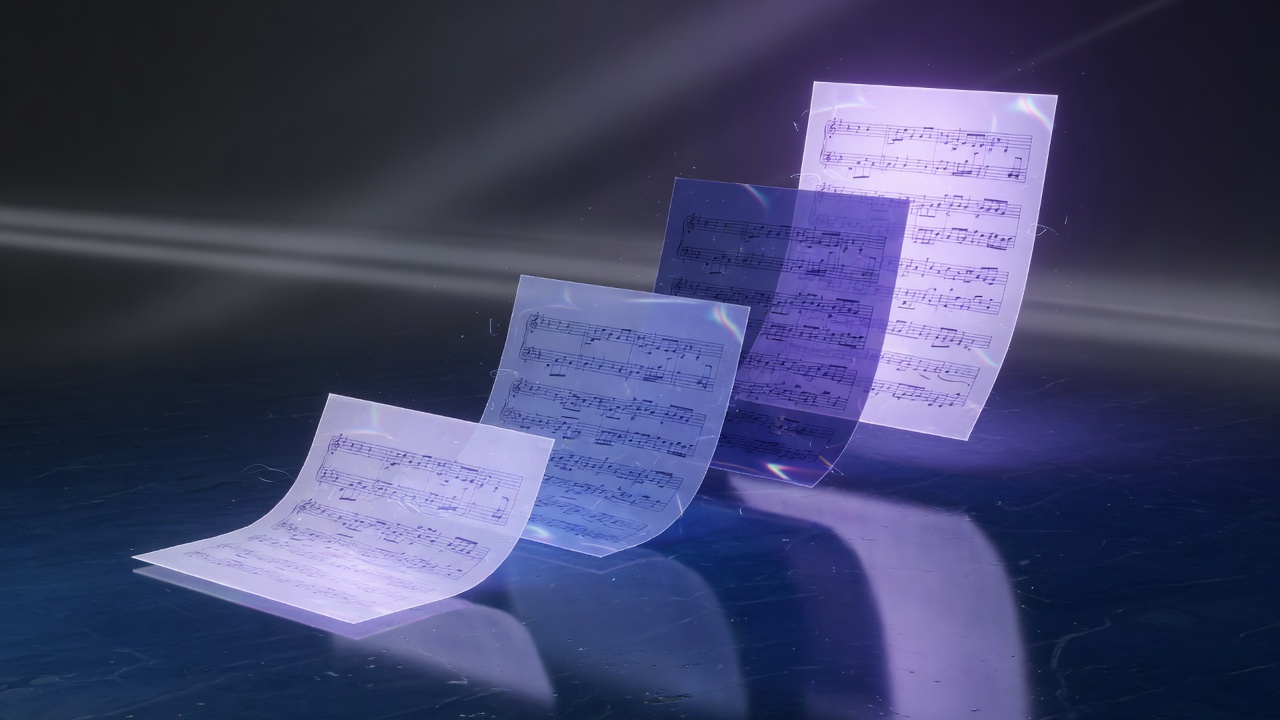 Four translucent score fragments as ascending light steps
