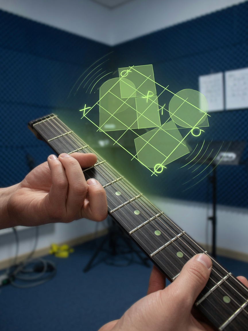Guitar fretting hands under floating chord geometry