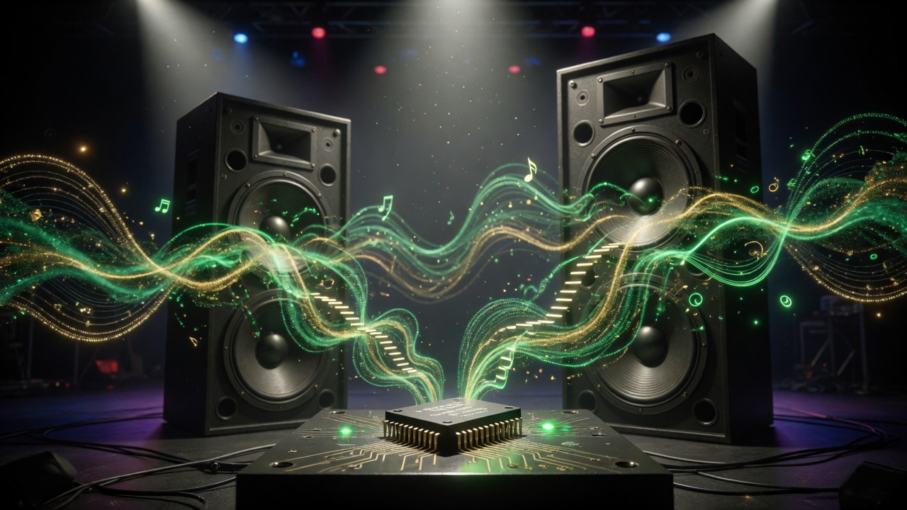 Speakers emitting green-gold waves from a MIDI chip