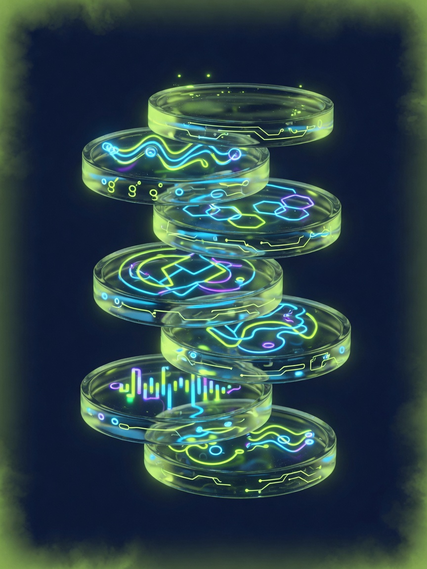 Vertical stack of glowing format discs as glass coins