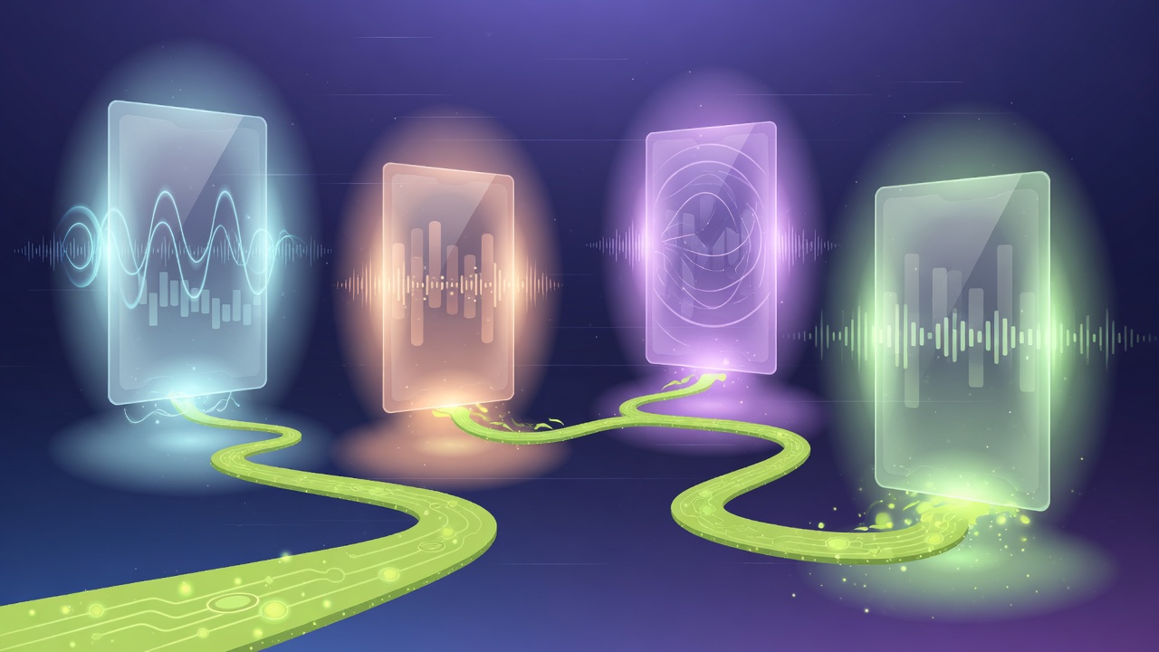 Four render portals emitting soft sound glow