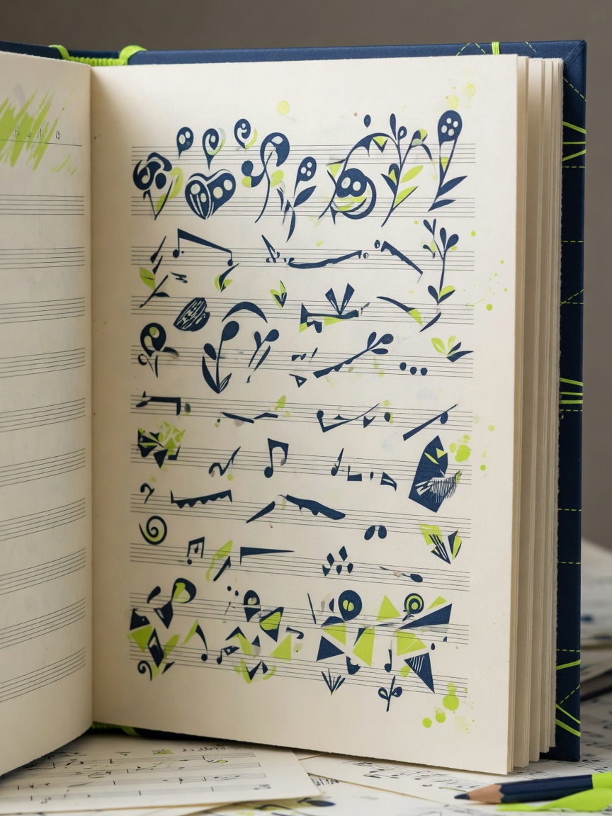 Upright open score book of light pages