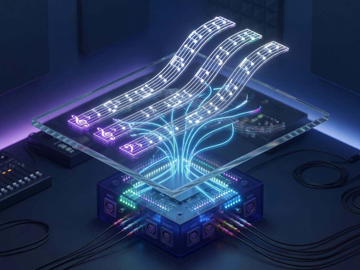 Glass score tablet with luminous staves from a MIDI cube