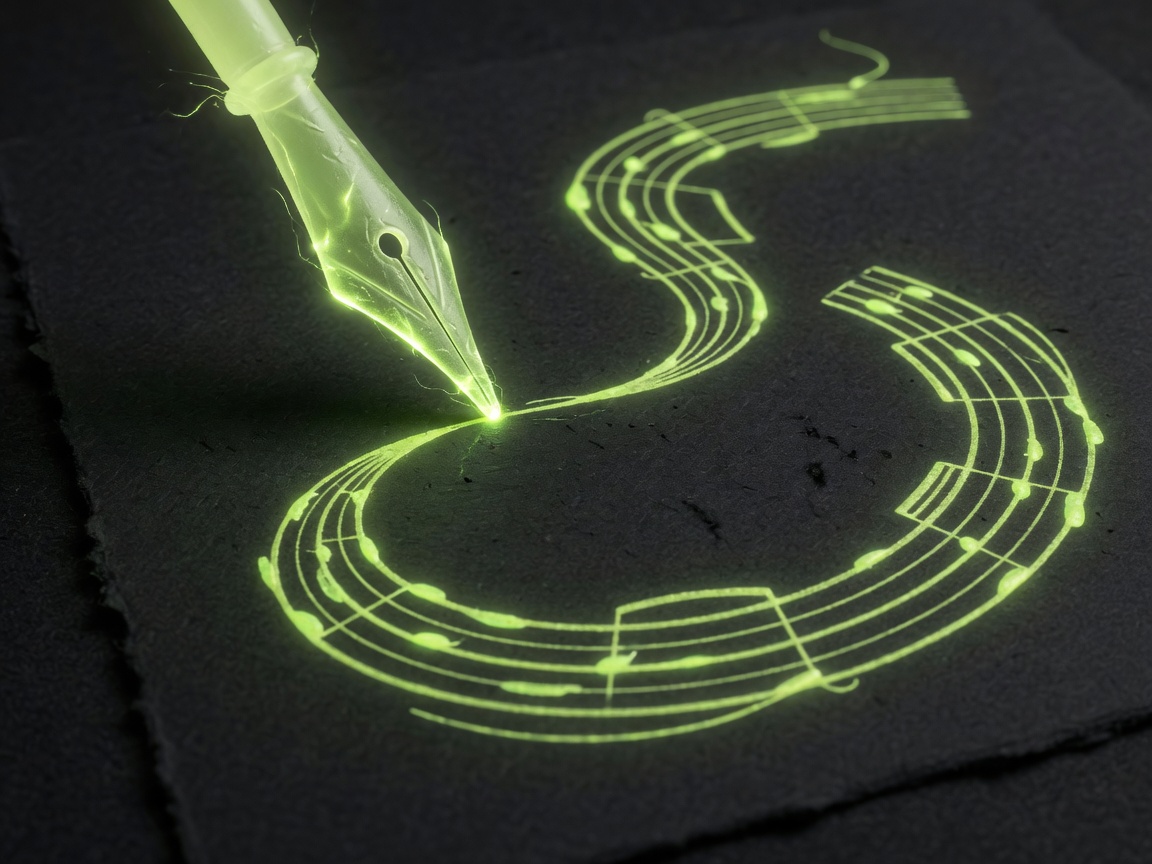 Light quill drawing lime staff curves on dark paper
