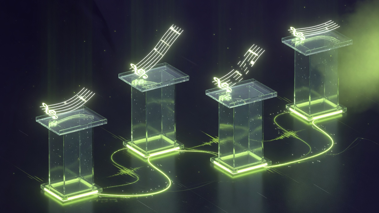 Four glass lecterns holding luminous staff fragments