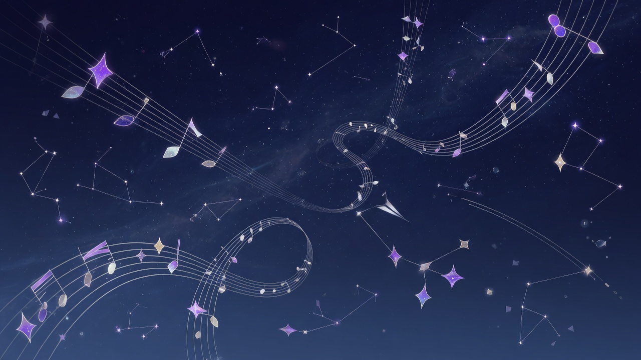 Panoramic constellation of staff arcs and note diamonds