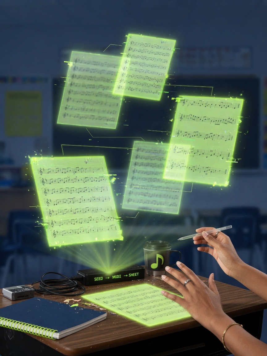 Teacher desk with floating holographic sheet pages