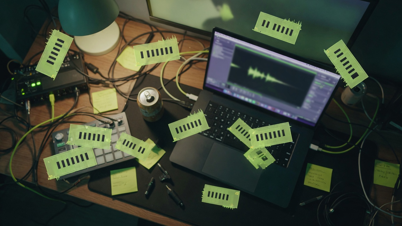 Overhead DAW desk with floating MIDI clip chips