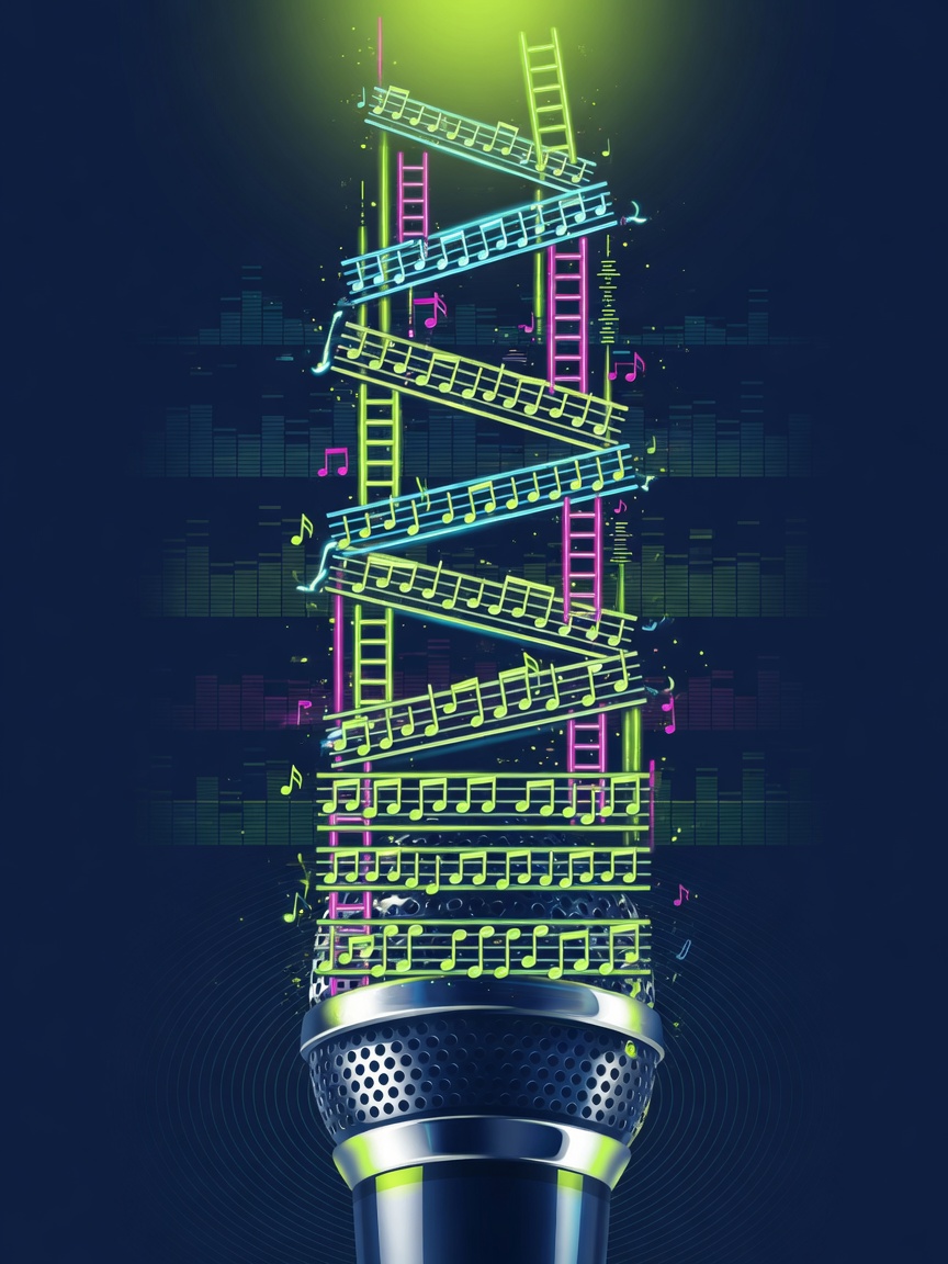 Vertical tower of neon note ladders rising from a mic capsule