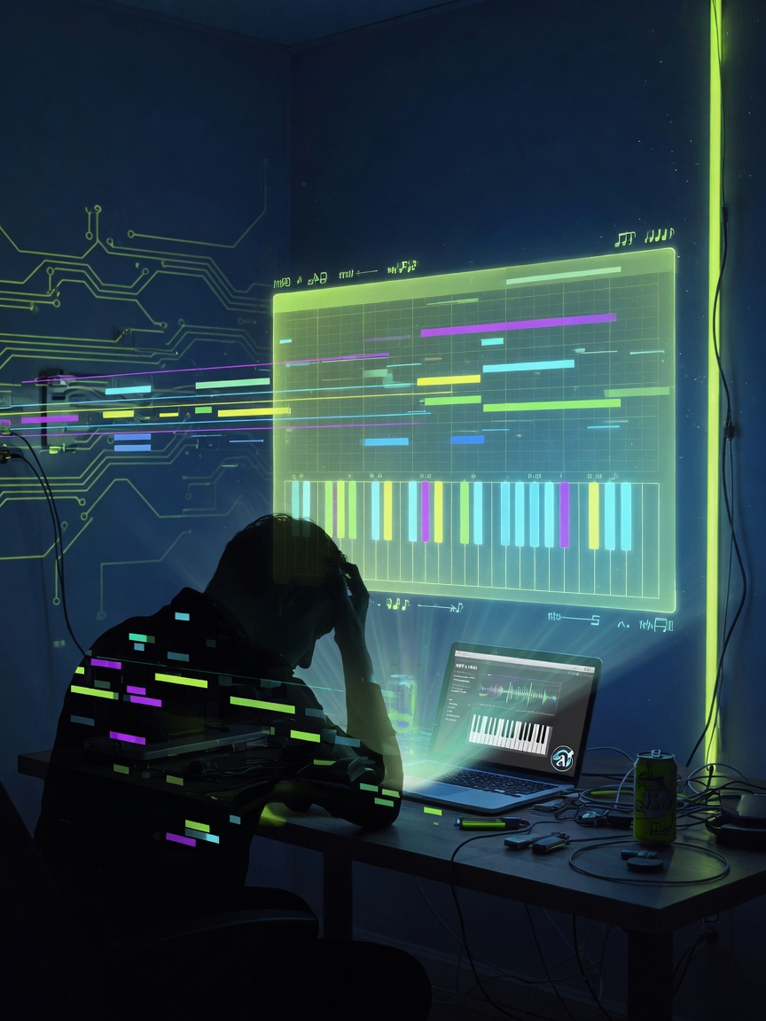 Neon piano-roll hologram on a dark producer desk