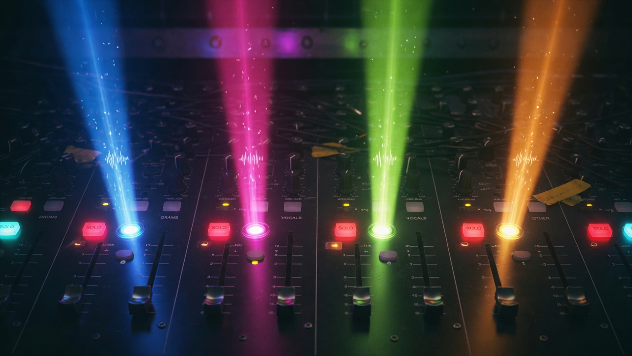Top-down mixer with four solo stem faders as light beams