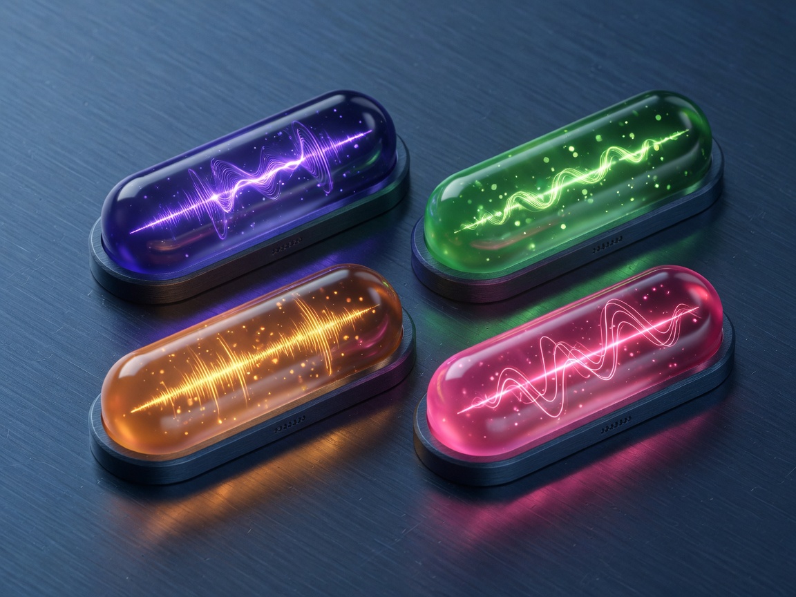 Macro of four glowing sound capsules by color only
