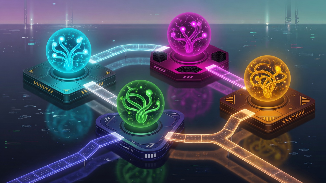 Four dock platforms holding different colored stem orbs
