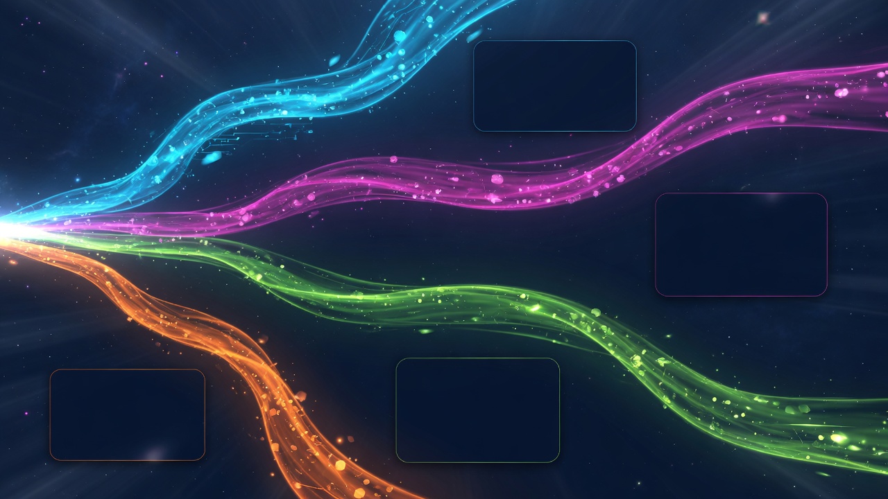 Panoramic four colored light rivers diverging in navy space