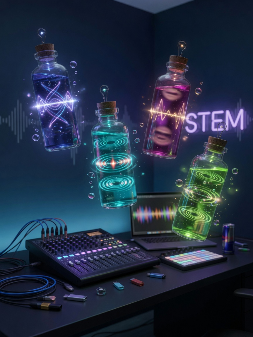 Remix desk with four floating stem vials of glowing sound