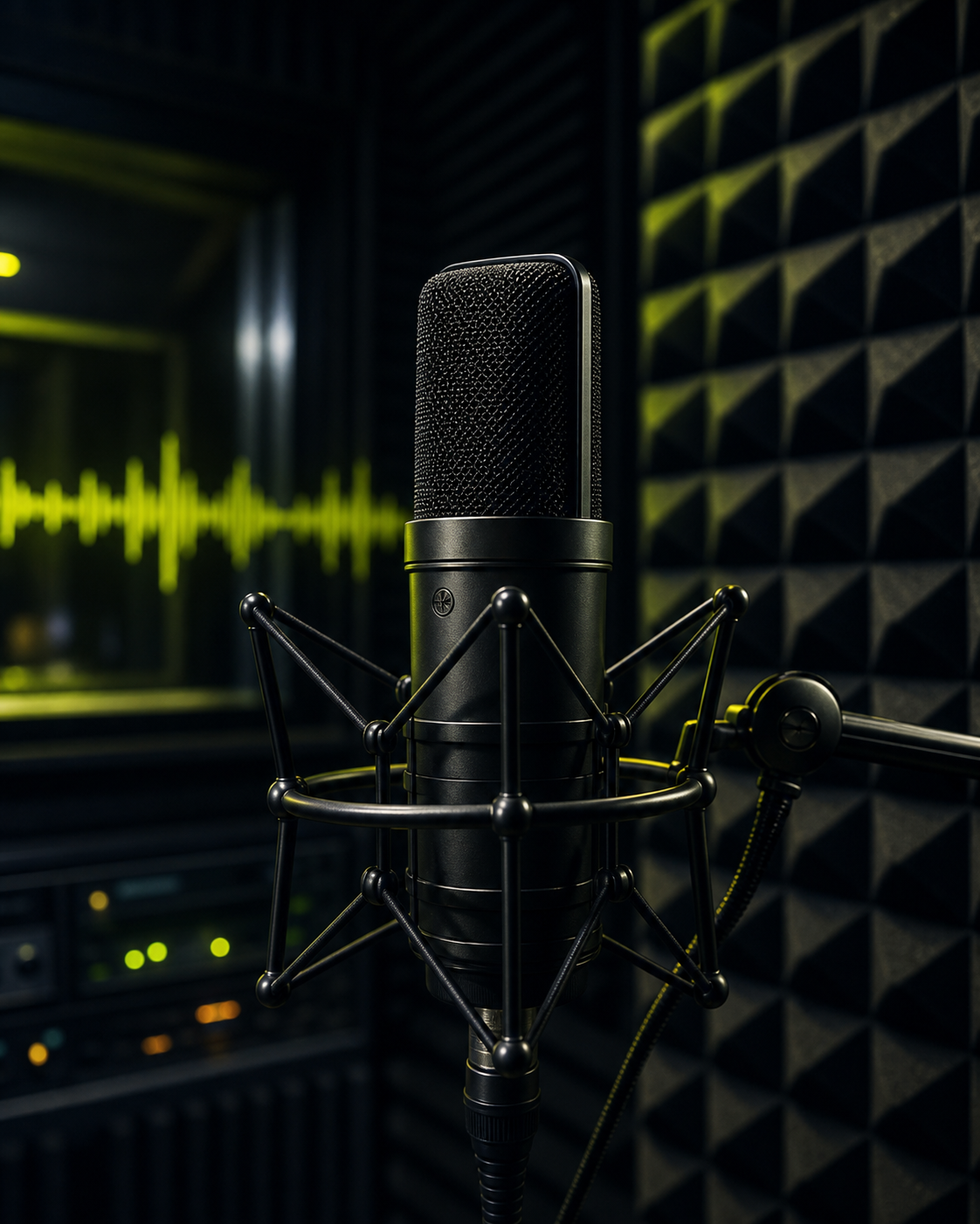 Traditional recording setup with microphone and acoustic treatment